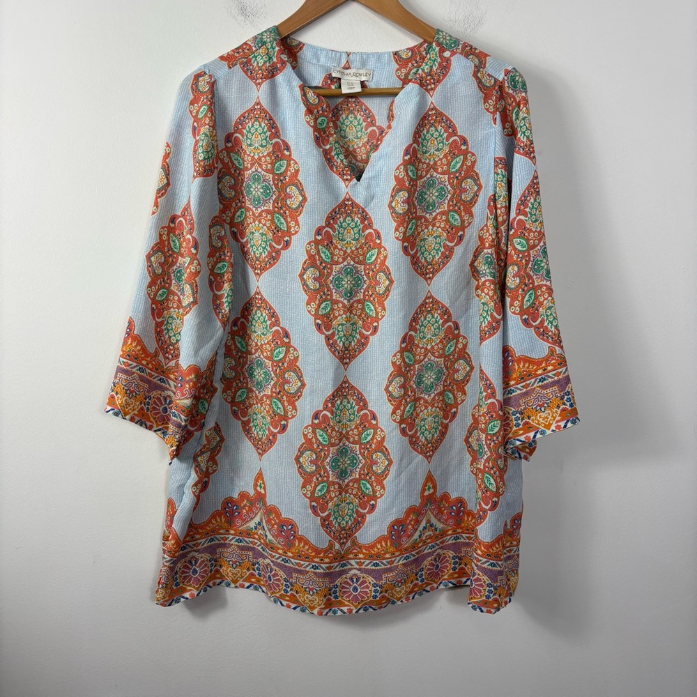 Cynthia Rowley Tunic Top Womens 1X Colorful Pattern Kimono Sleeve V Neck Boho